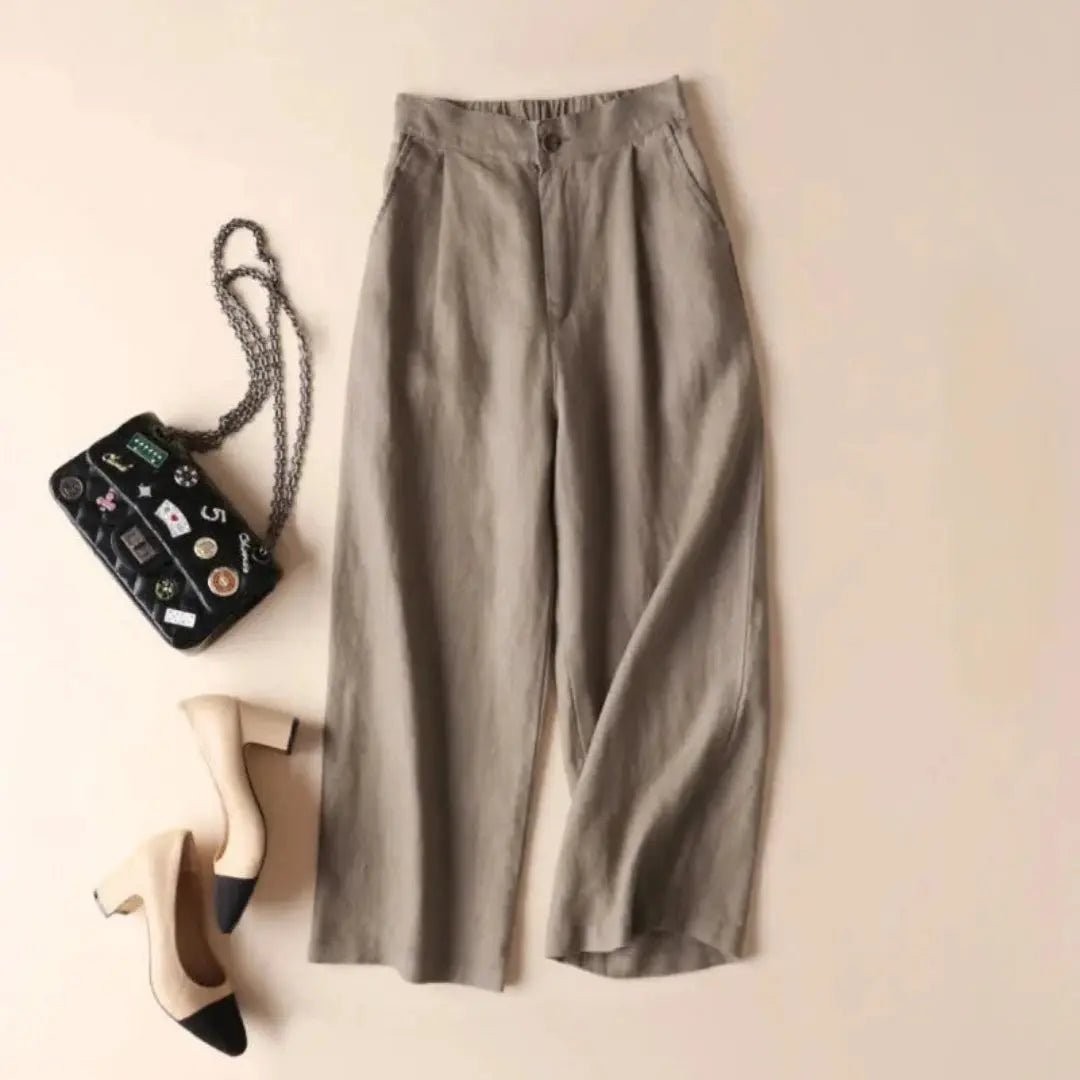Trousers Women Linen High Waist Wide Leg Button Zip Closure - Hudson Harper - Women Pants