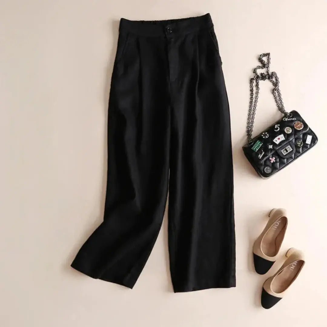 Trousers Women Linen High Waist Wide Leg Button Zip Closure - Hudson Harper - Women Pants
