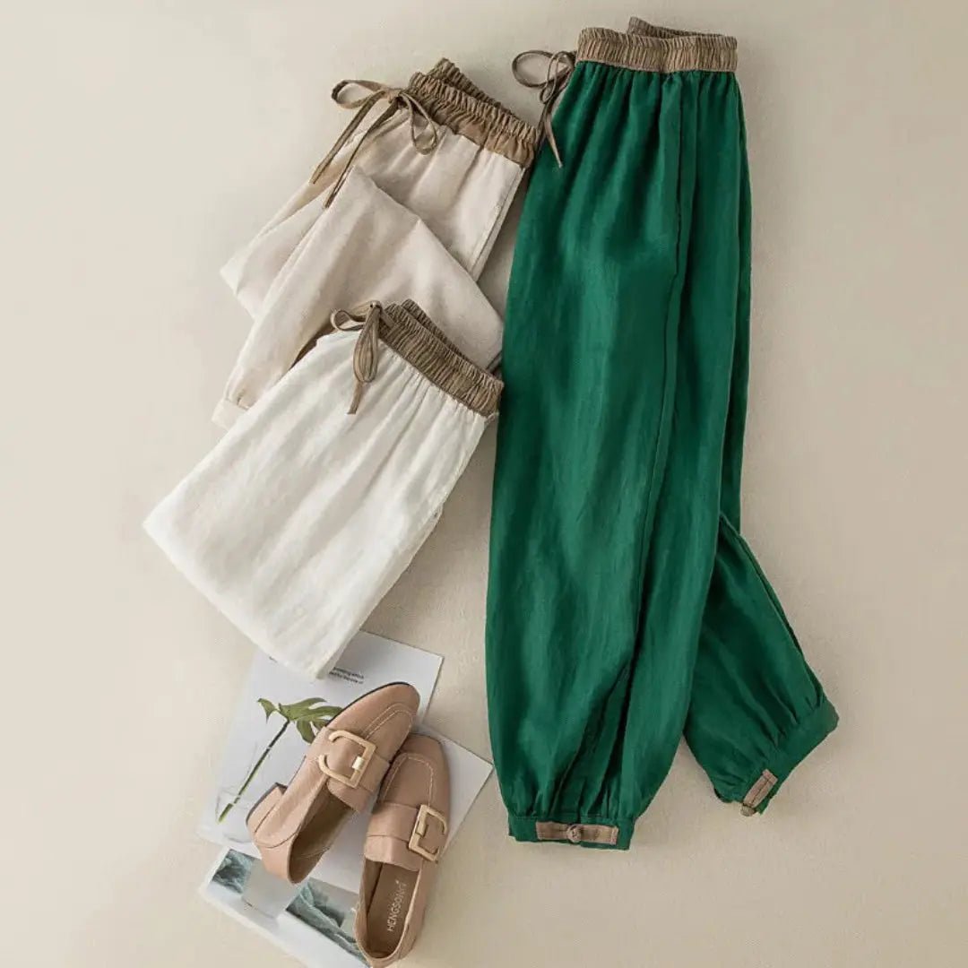 Trousers Women Linen Relaxed Fit Drawstring Adjustable Cuffs - Hudson Harper - Women Pants