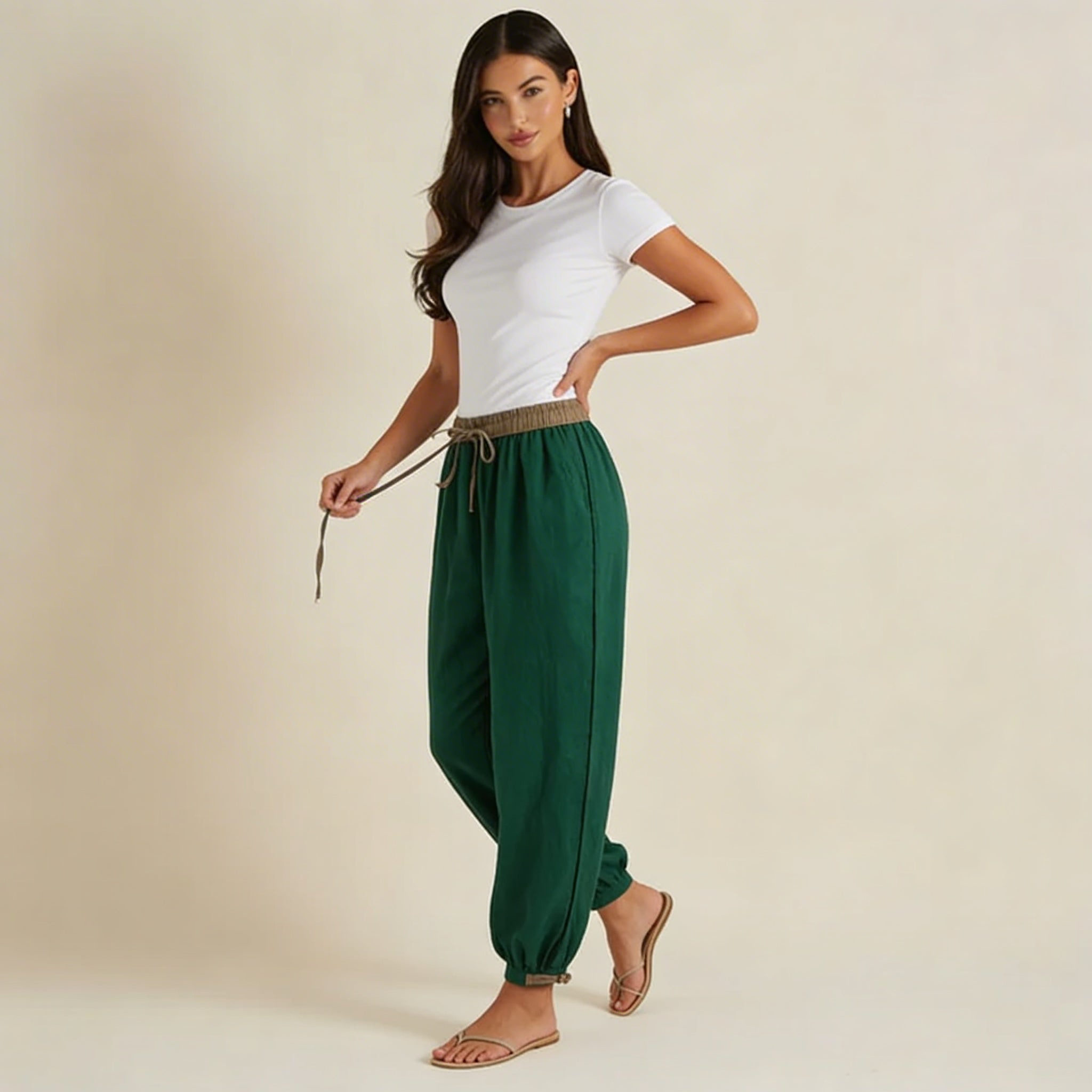 Trousers Women Linen Relaxed Fit Drawstring Adjustable Cuffs - Hudson Harper - Women Pants