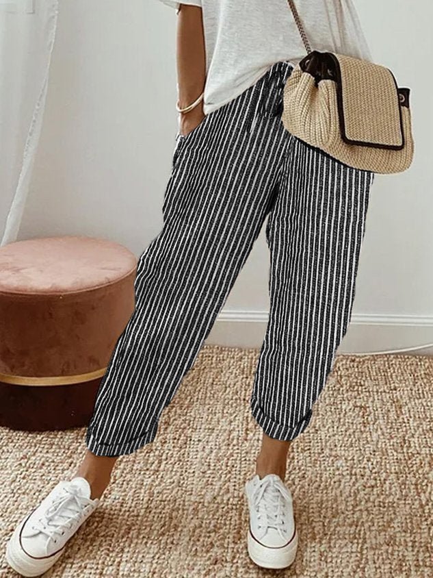 Trousers Women Linen Relaxed Fit Drawstring Waist Full Length - Hudson Harper - Women Pants