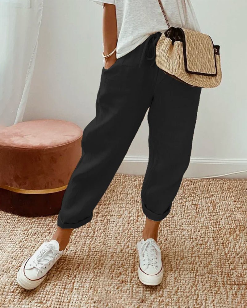 Trousers Women Linen Relaxed Fit Drawstring Waist Full Length - Hudson Harper - Women Pants