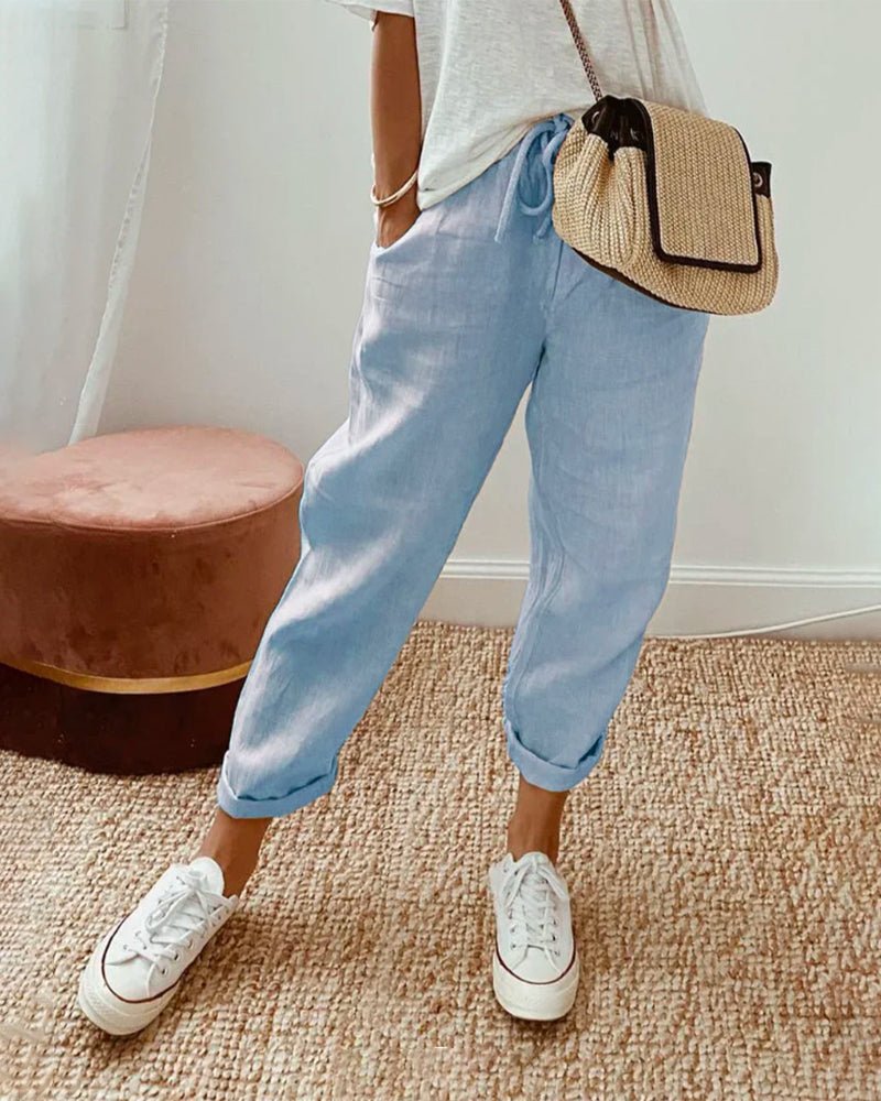 Trousers Women Linen Relaxed Fit Drawstring Waist Full Length - Hudson Harper - Women Pants
