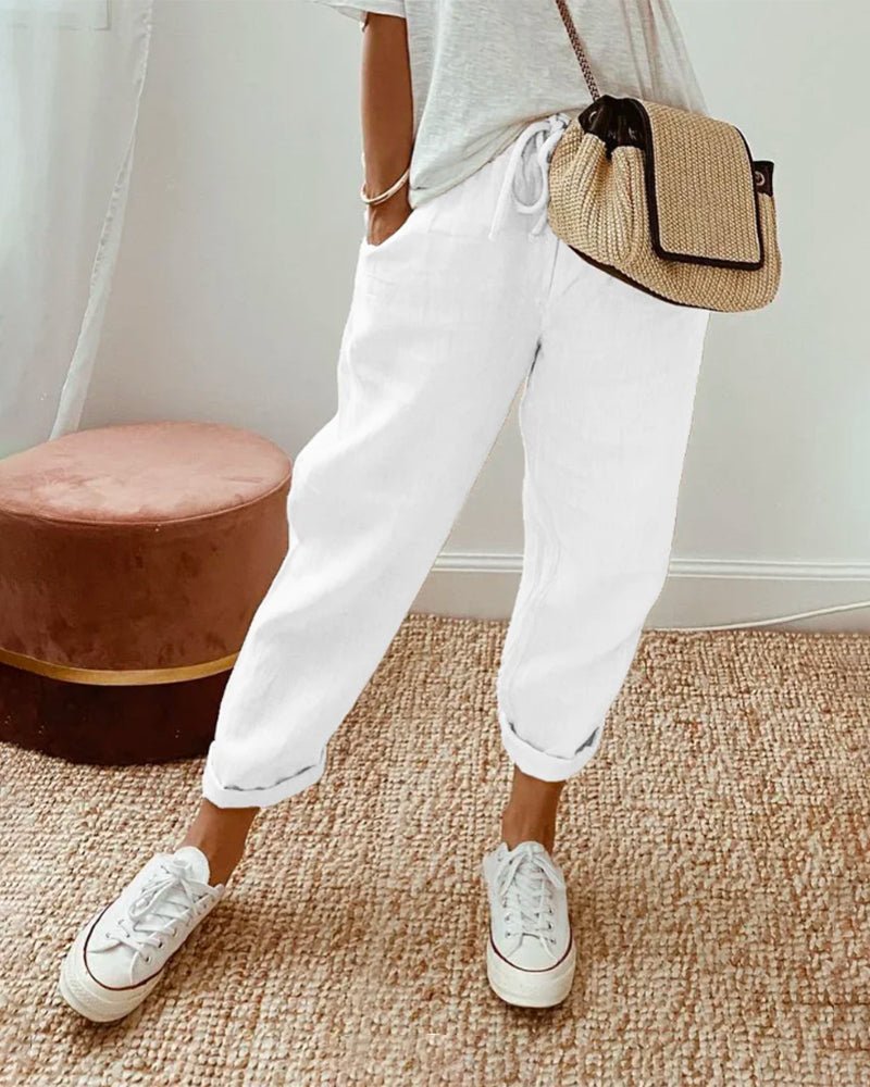 Trousers Women Linen Relaxed Fit Drawstring Waist Full Length - Hudson Harper - Women Pants