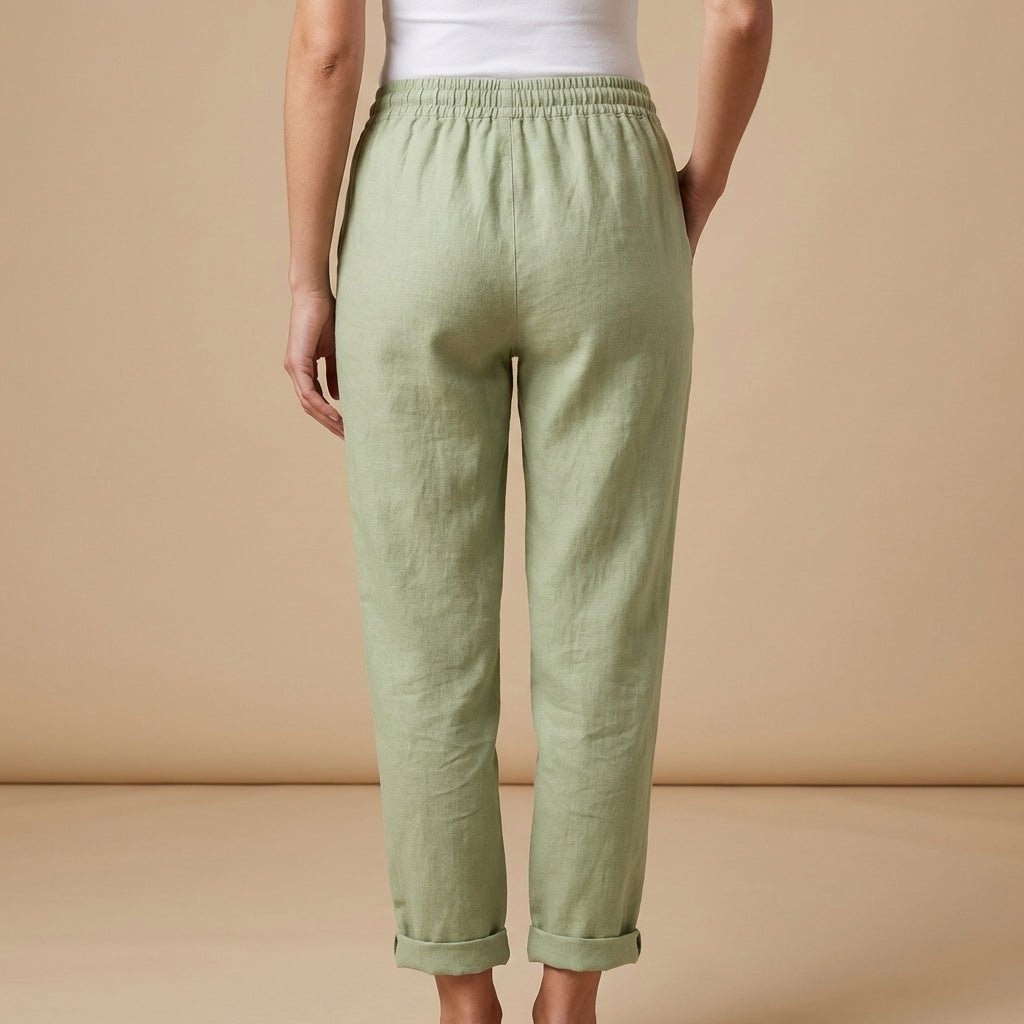 Trousers Women Linen Tapered Fit Elastic Drawstring Waistband - Hudson Harper - Women Pants