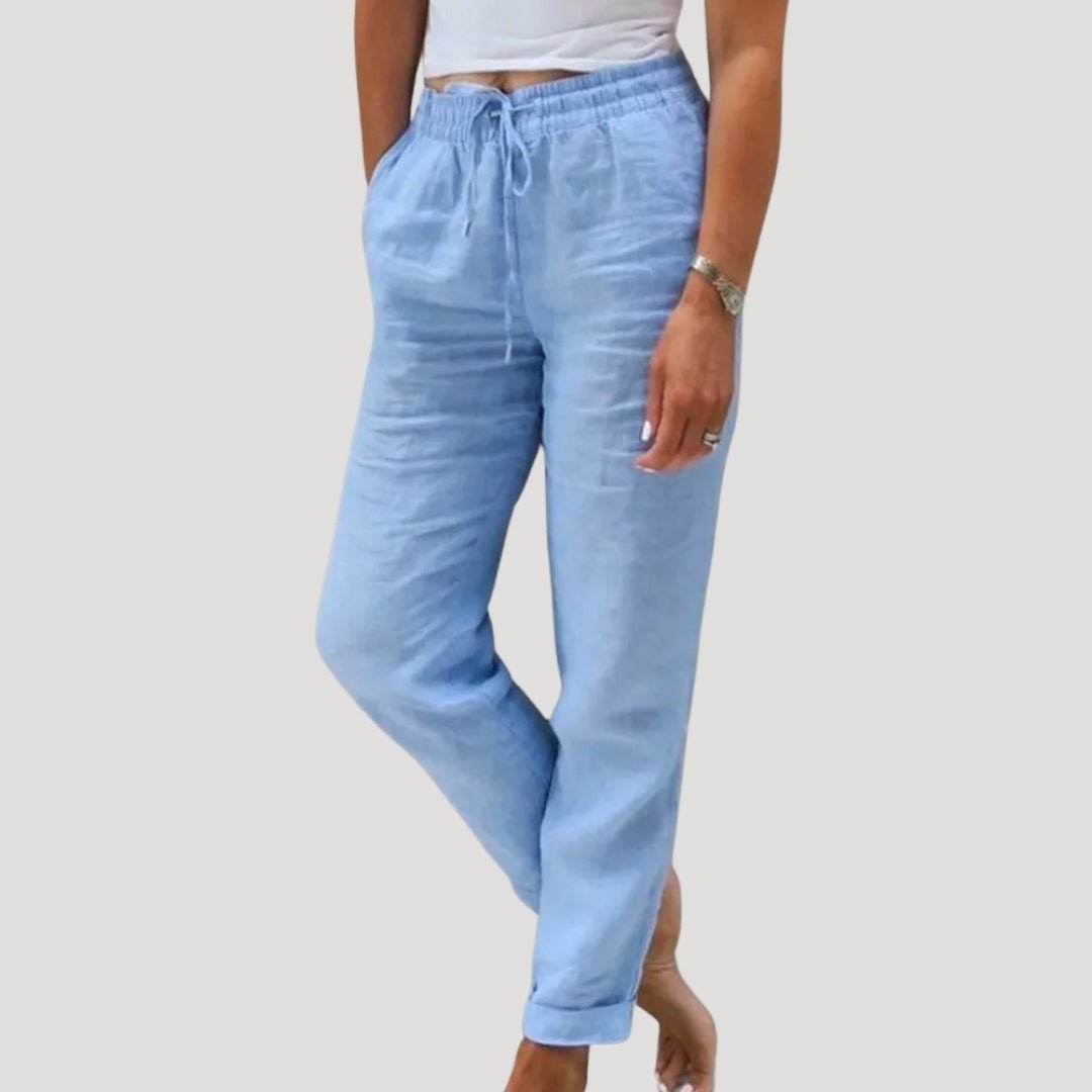 Trousers Women Linen Tapered Fit Elastic Drawstring Waistband - Hudson Harper - Women Pants