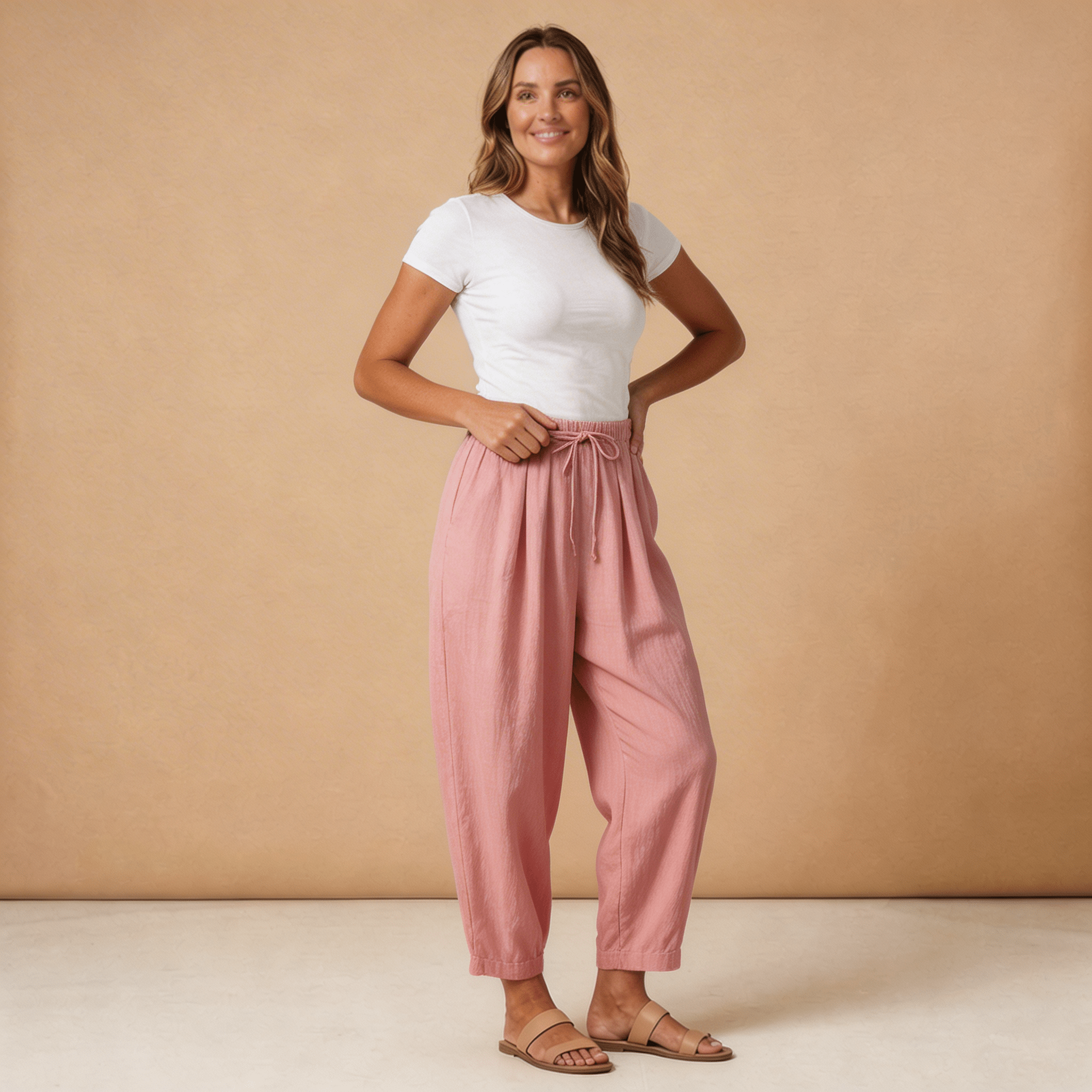 Trousers Women Linen Wide Leg Ankle Length Drawstring Waist - Hudson Harper - Women Pants