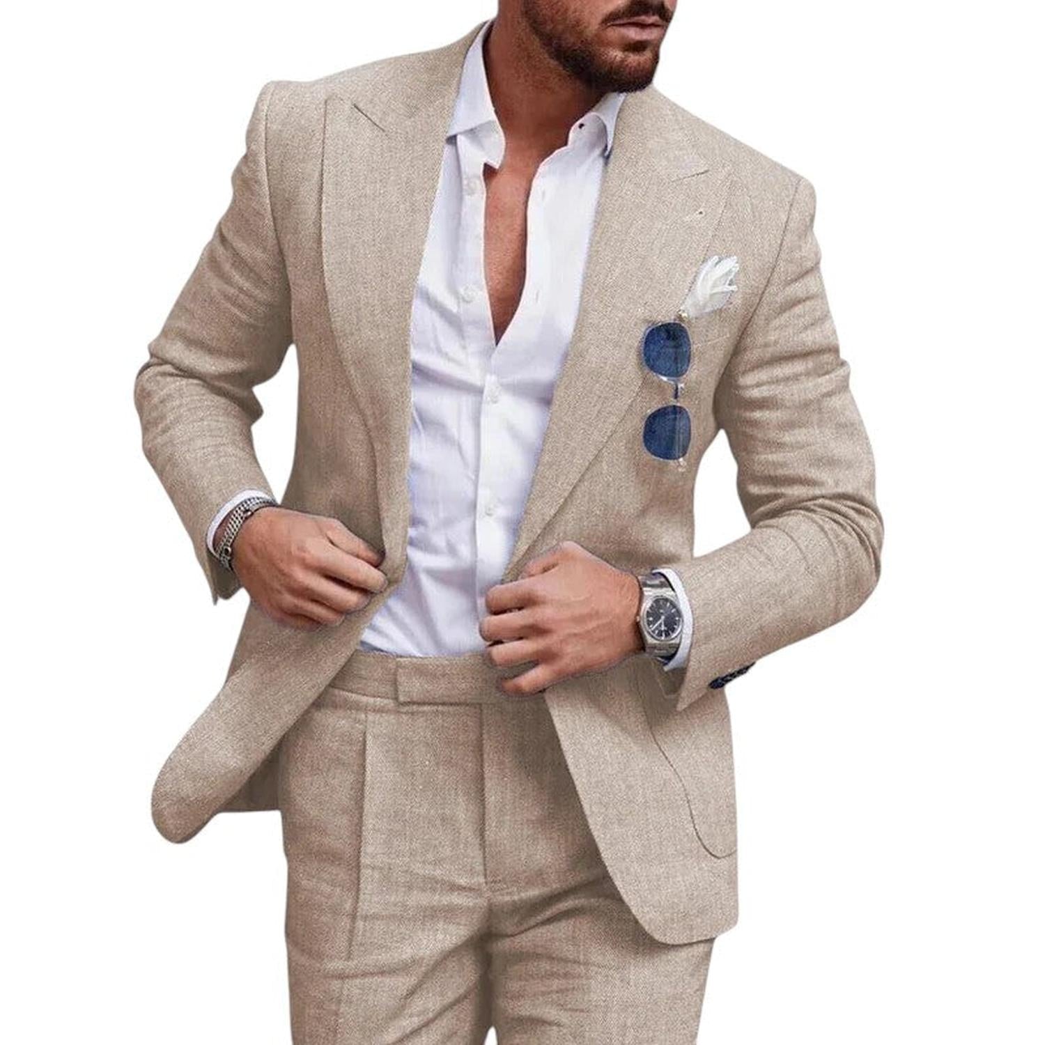 Wedding Suit Men Linen 2 - Piece Single - Breasted Summer Set - Hudson Harper - Suit Sets