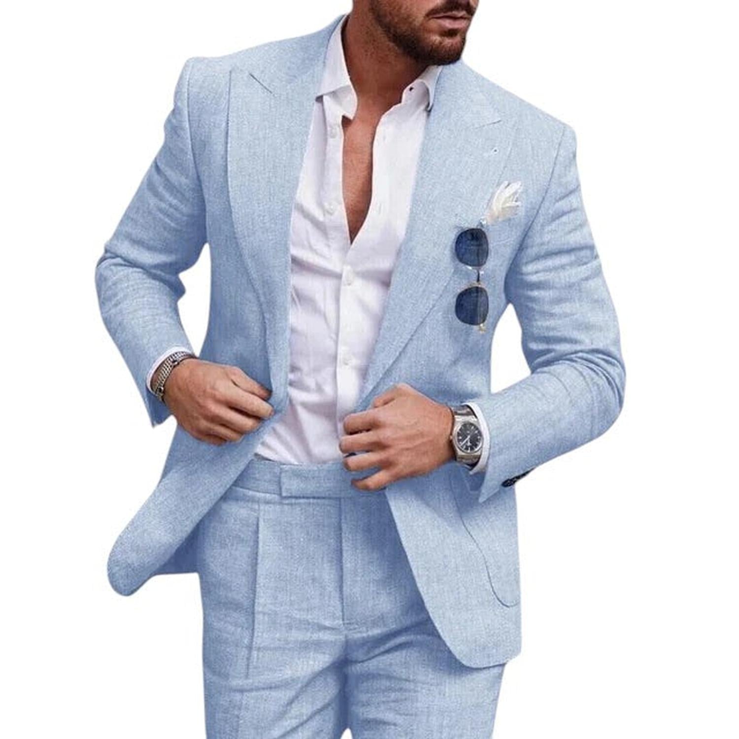 Wedding Suit Men Linen 2 - Piece Single - Breasted Summer Set - Hudson Harper - Suit Sets