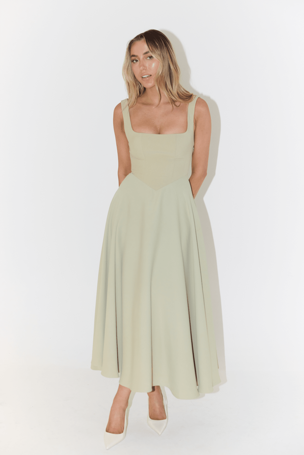Women Dress Sleeveless V - Neck Pleated Knee Length Fit - Hudson Harper - Women Midi Dress