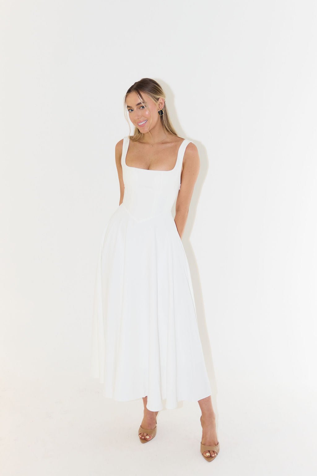 Women Dress Sleeveless V - Neck Pleated Knee Length Fit - Hudson Harper - Women Midi Dress