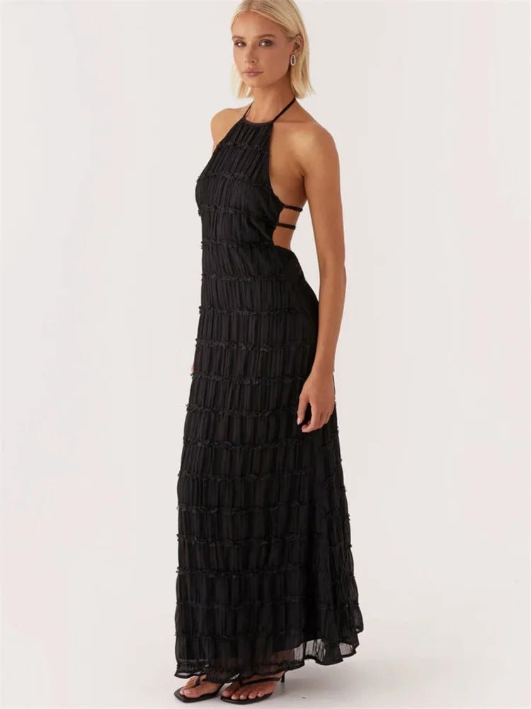 Women Maxi Dress Halter Neck Open Back Pleated Design - Hudson Harper - Women Maxi Dress