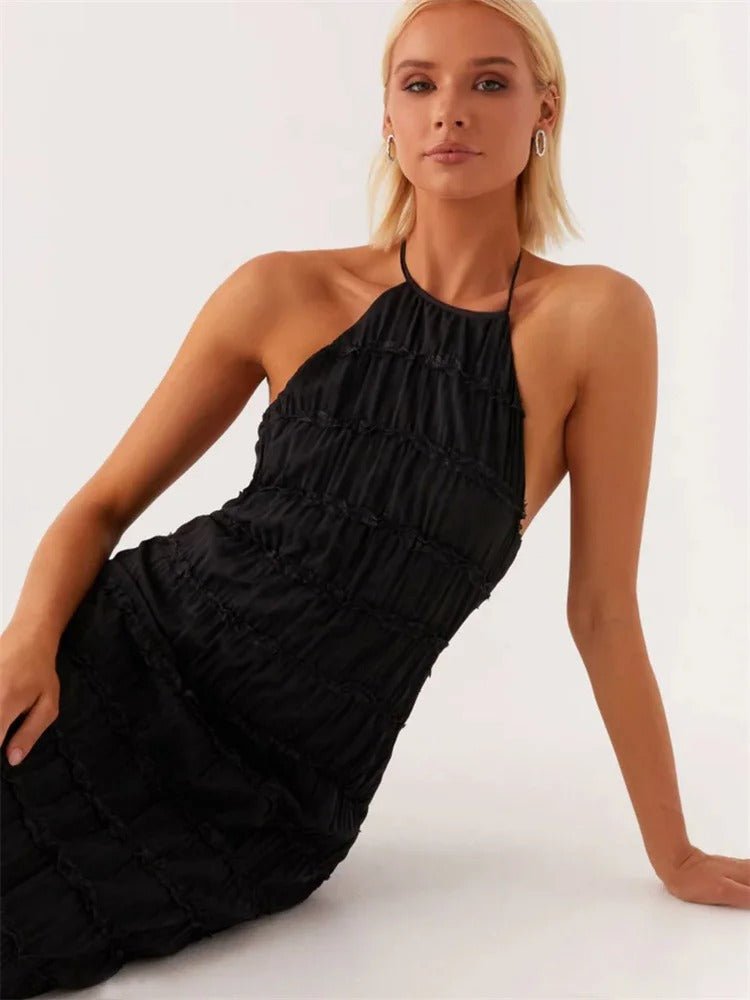 Women Maxi Dress Halter Neck Open Back Pleated Design - Hudson Harper - Women Maxi Dress