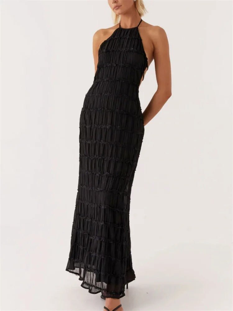 Women Maxi Dress Halter Neck Open Back Pleated Design - Hudson Harper - Women Maxi Dress