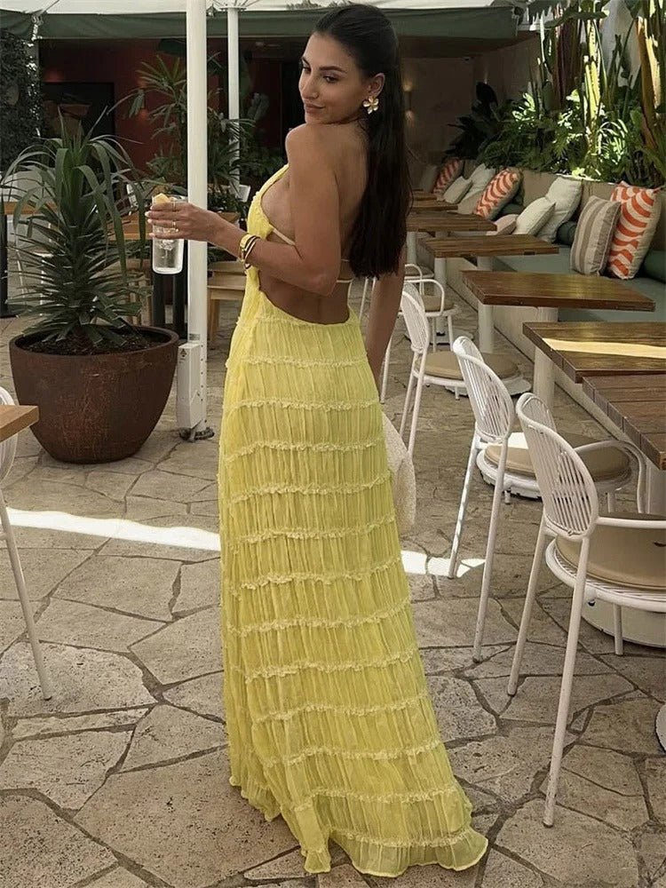 Women Maxi Dress Halter Neck Open Back Pleated Design - Hudson Harper - Women Maxi Dress