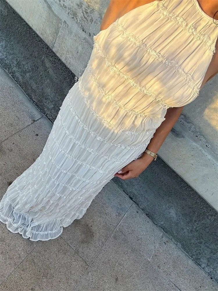 Women Maxi Dress Halter Neck Open Back Pleated Design - Hudson Harper - Women Maxi Dress