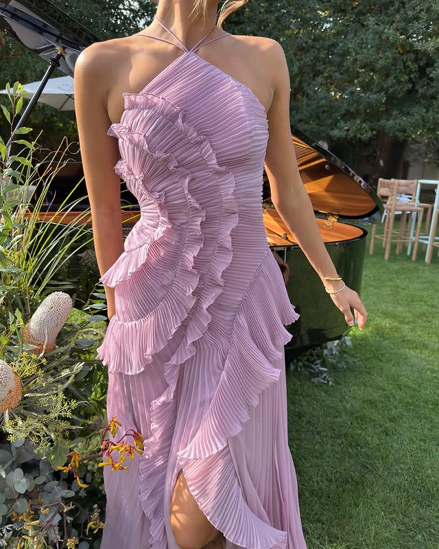 Women Maxi Dress Halter Neck Pleated Full Length Fit - Hudson Harper - Women Maxi Dress