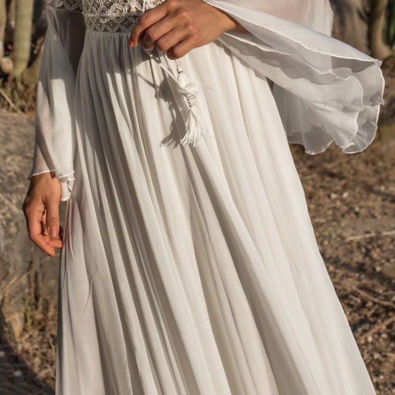 Women Maxi Dress Long Sleeve A - Line V - Neck Lace Up Fit - Hudson Harper - Women Maxi Dress