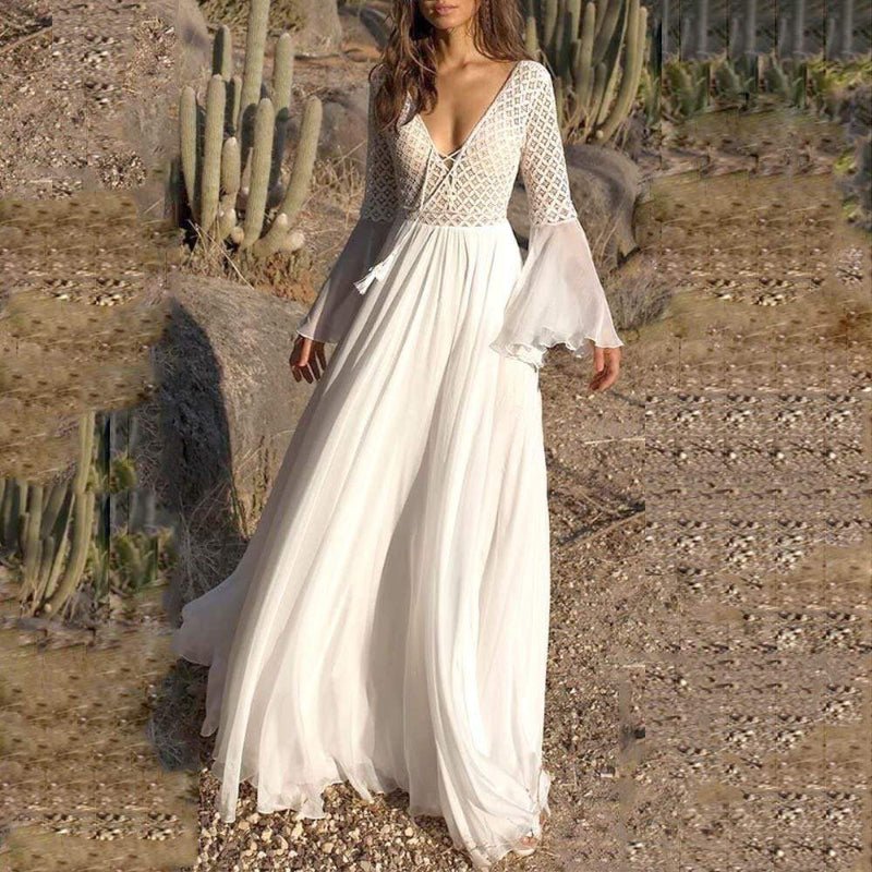 Women Maxi Dress Long Sleeve A - Line V - Neck Lace Up Fit - Hudson Harper - Women Maxi Dress