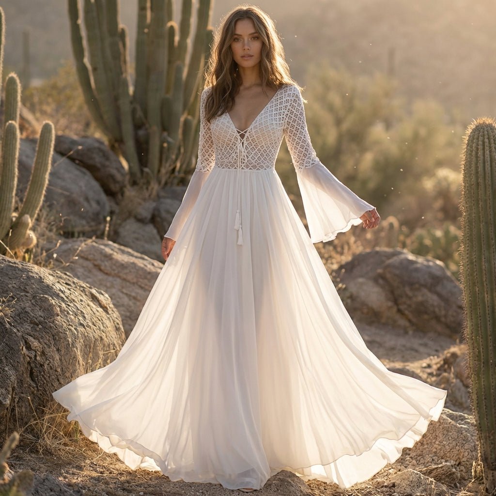 Women Maxi Dress Long Sleeve A - Line V - Neck Lace Up Fit - Hudson Harper - Women Maxi Dress