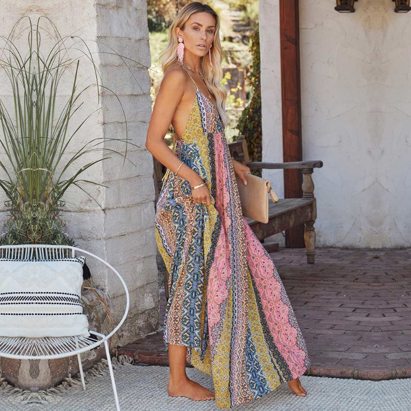 Women Maxi Dress Loose Fit V-Neck Backless Striped Style