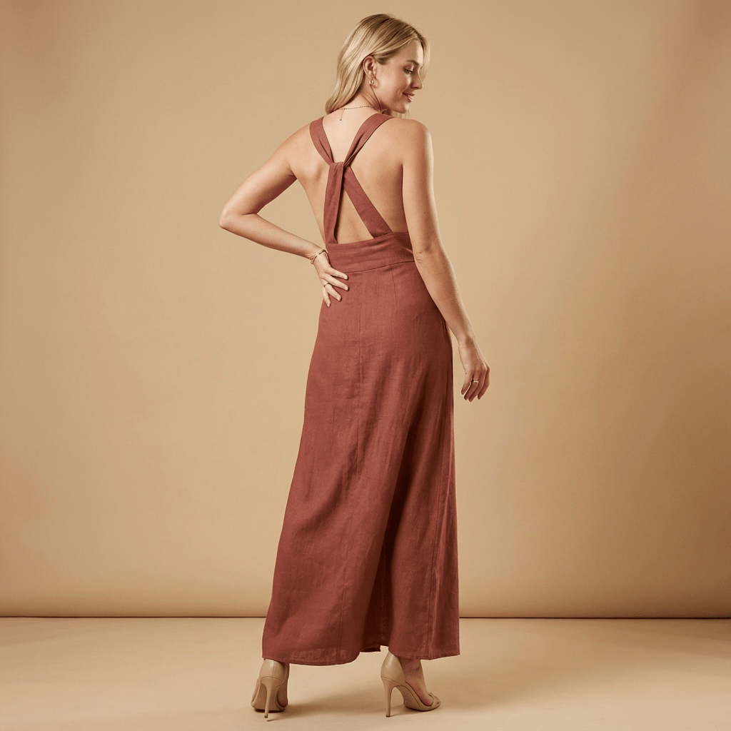 Women Maxi Dress Sleeveless Deep V - Neckline Open Back Design - Hudson Harper - Women Maxi Dress
