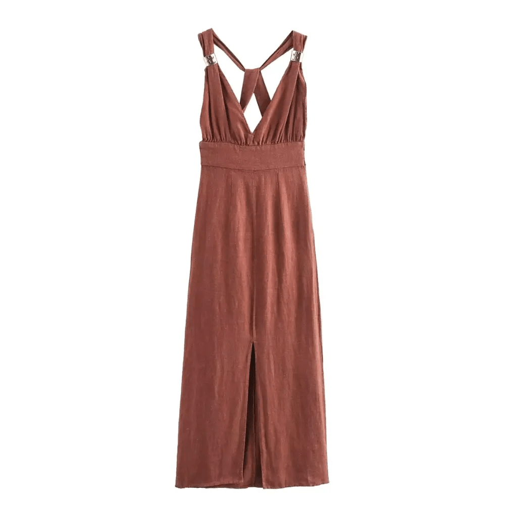 Women Maxi Dress Sleeveless Deep V - Neckline Open Back Design - Hudson Harper - Women Maxi Dress