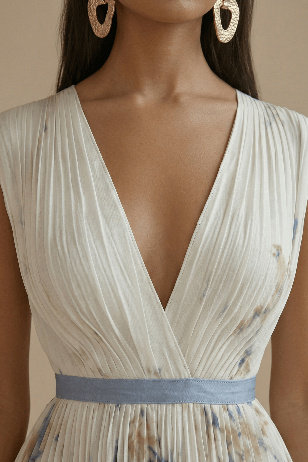 Women Maxi Dress Sleeveless V - Neck Pleated Bodice Fit - Hudson Harper - Women Maxi Dress
