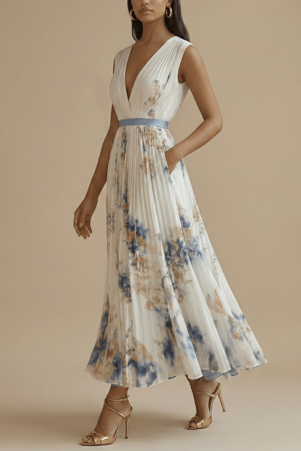 Women Maxi Dress Sleeveless V - Neck Pleated Bodice Fit - Hudson Harper - Women Maxi Dress