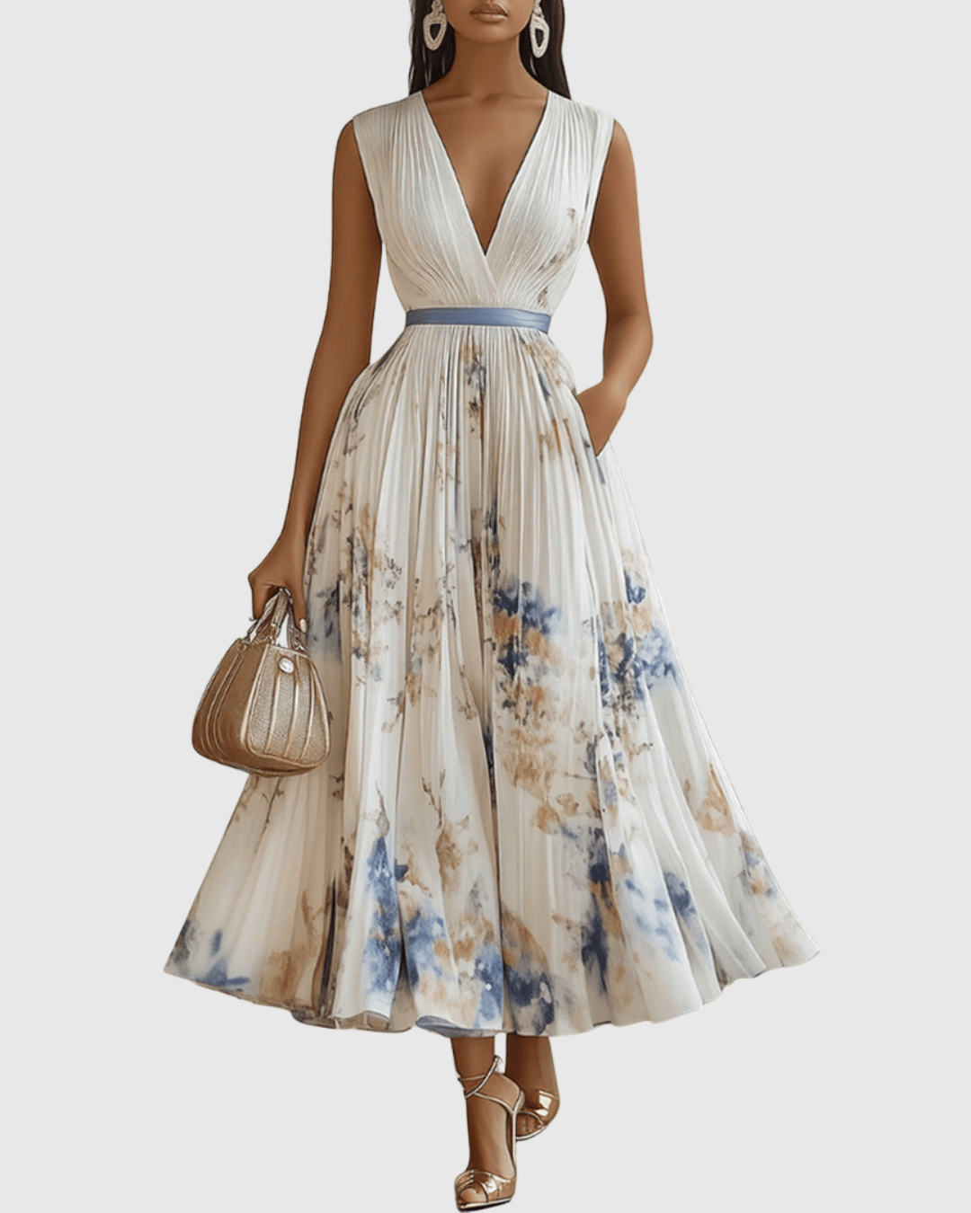 Women Maxi Dress Sleeveless V - Neck Pleated Bodice Fit - Hudson Harper - Women Maxi Dress
