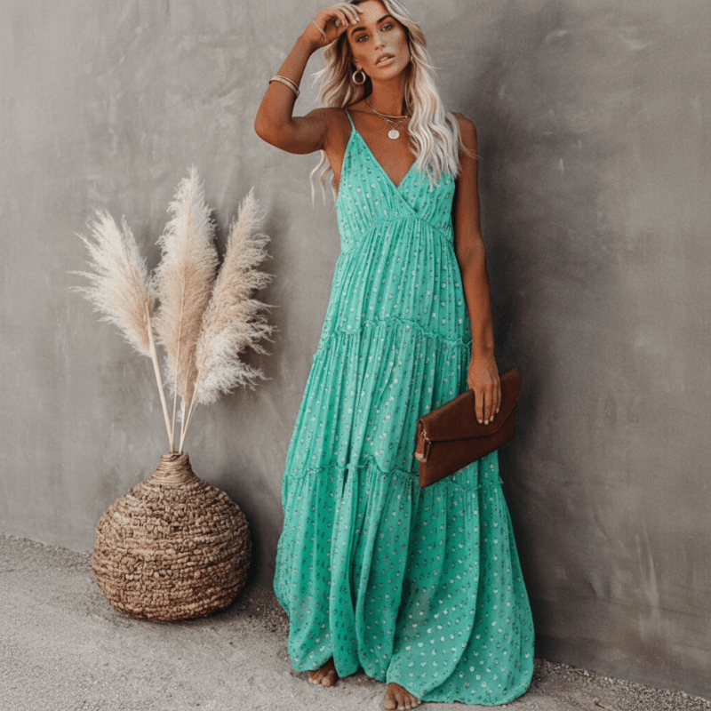 Women Maxi Dress Sleeveless V - Neck Tie Back Closure Fit - Hudson Harper - Women Maxi Dress