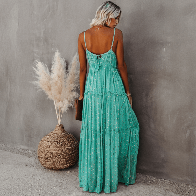 Women Maxi Dress Sleeveless V - Neck Tie Back Closure Fit - Hudson Harper - Women Maxi Dress