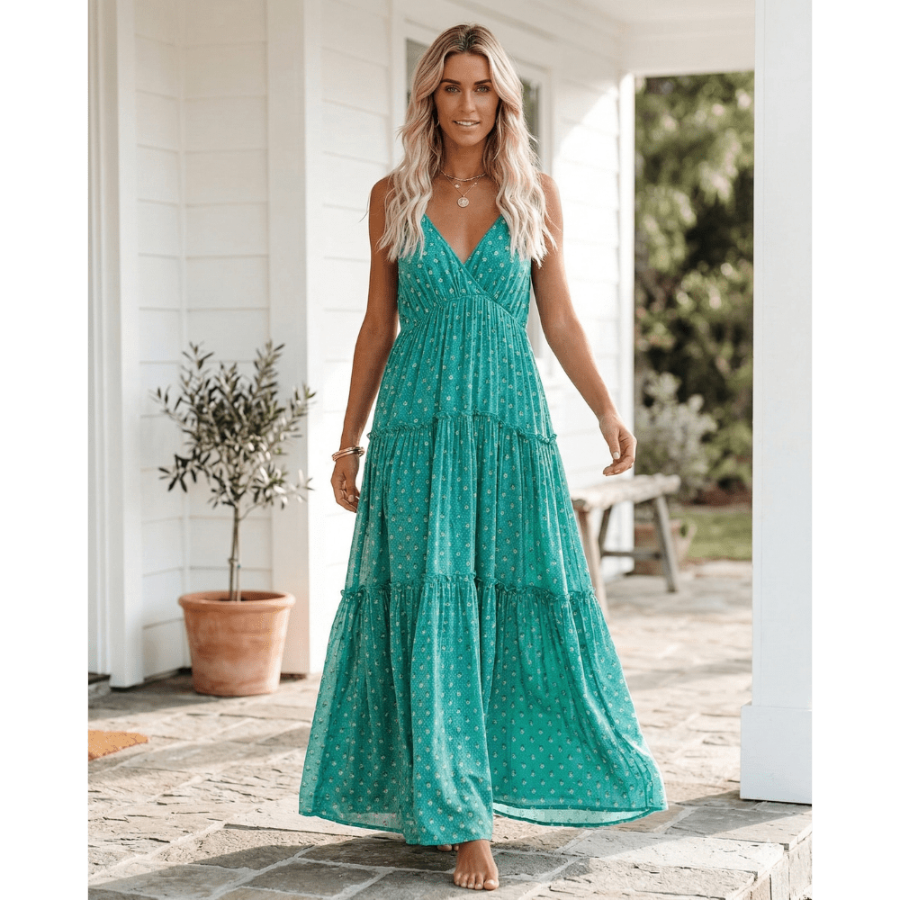 Women Maxi Dress Sleeveless V - Neck Tie Back Closure Fit - Hudson Harper - Women Maxi Dress