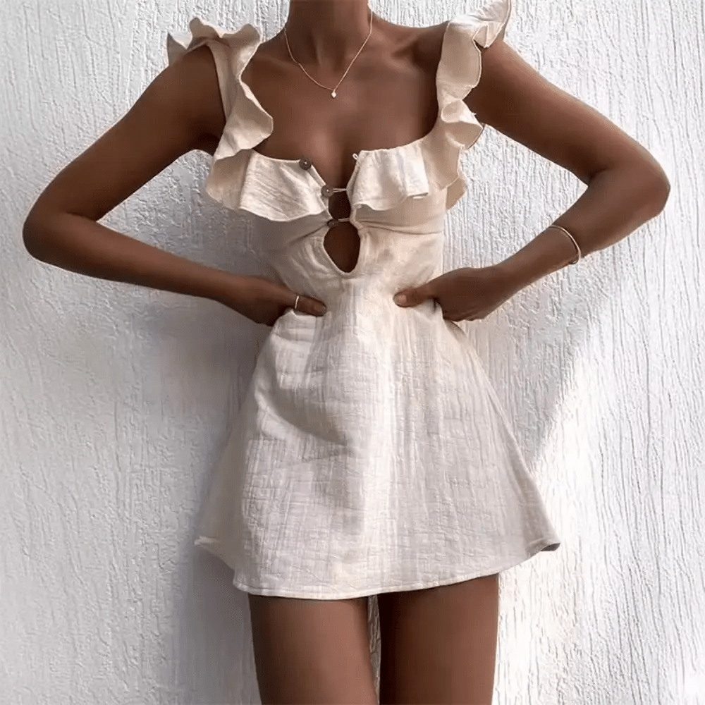 Women Mini Dress Linen V - Neck Spaghetti Straps Above Knee - Hudson Harper - Women Mini Dress