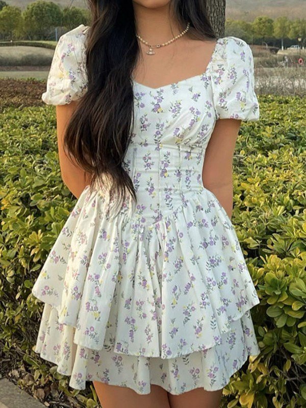 Women Mini Dress Sweetheart Neck Puff Sleeves Short Fit - Hudson Harper - Women Mini Dress