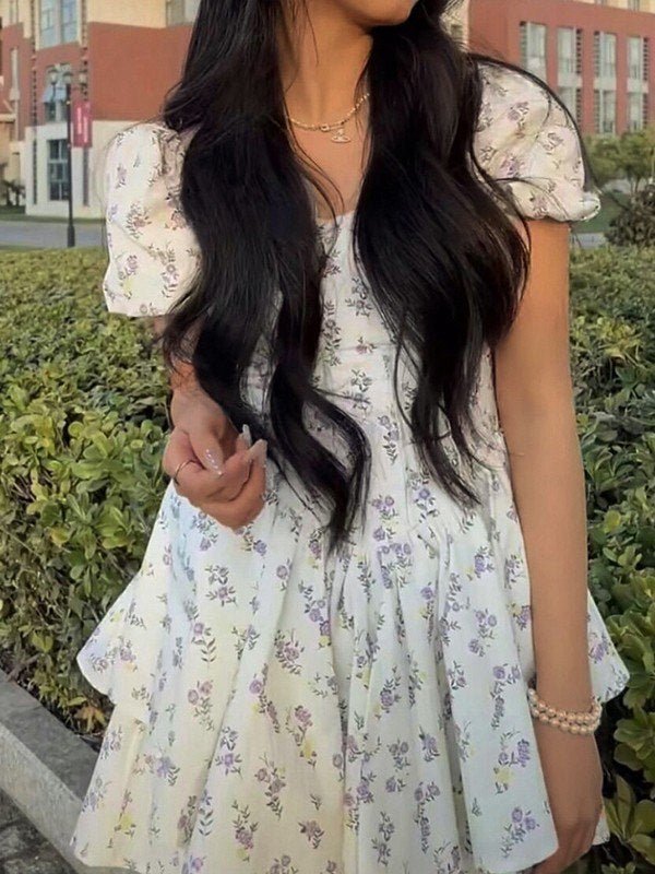 Women Mini Dress Sweetheart Neck Puff Sleeves Short Fit - Hudson Harper - Women Mini Dress