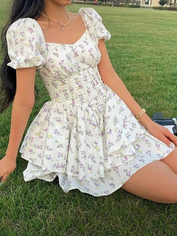 Women Mini Dress Sweetheart Neck Puff Sleeves Short Fit - Hudson Harper - Women Mini Dress