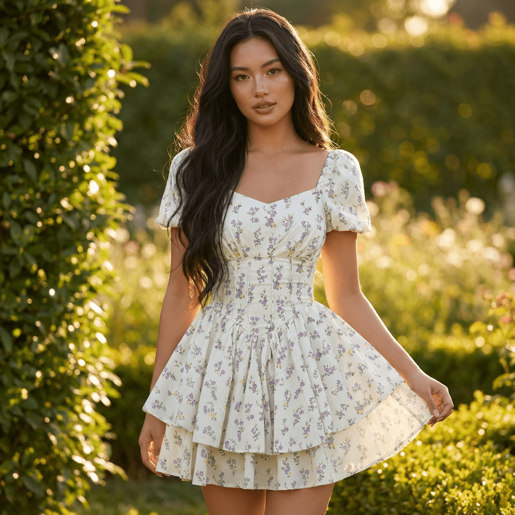 Women Mini Dress Sweetheart Neck Puff Sleeves Short Fit - Hudson Harper - Women Mini Dress