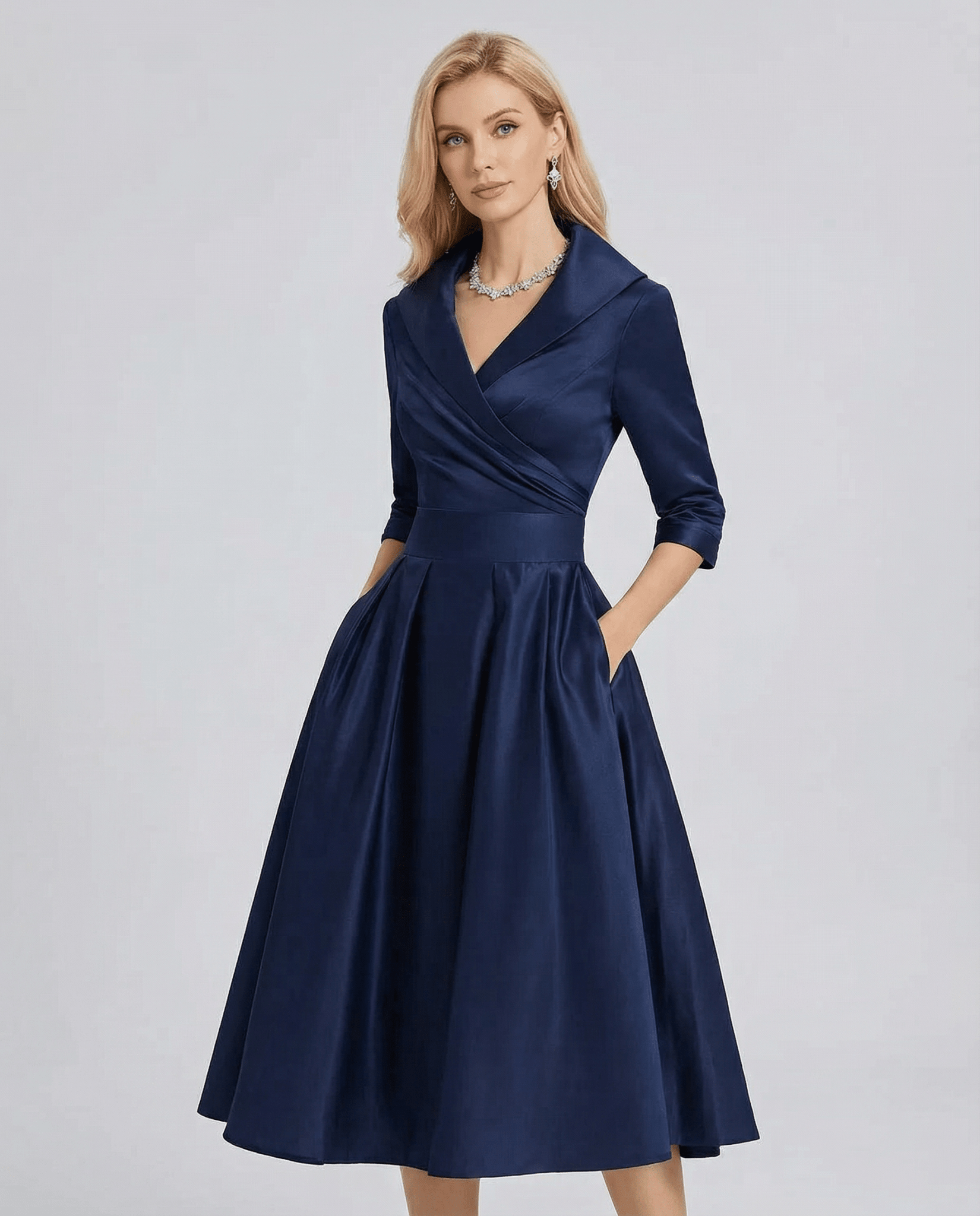 Women's A - Line Dress — Lapel Neckline Cross Pleated Waist - Hudson Harper - Women Midi Dress