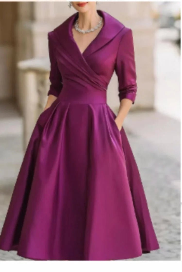 Women's A - Line Dress — Lapel Neckline Cross Pleated Waist - Hudson Harper - Women Midi Dress