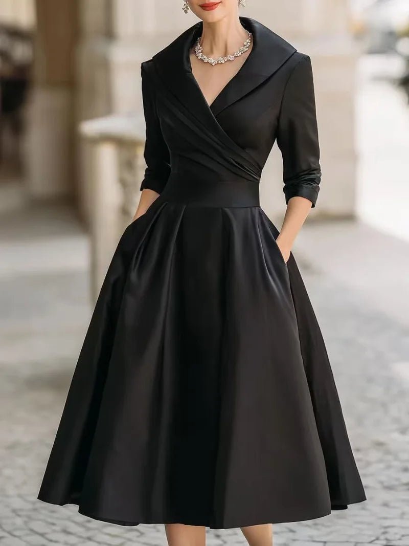 Women's A - Line Dress — Lapel Neckline Cross Pleated Waist - Hudson Harper - Women Midi Dress