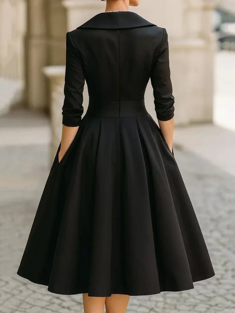Women's A - Line Dress — Lapel Neckline Cross Pleated Waist - Hudson Harper - Women Midi Dress