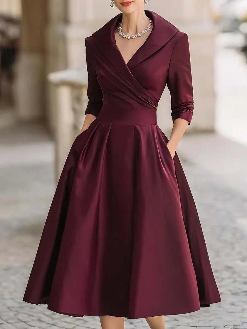 Women's A - Line Dress — Lapel Neckline Cross Pleated Waist - Hudson Harper - Women Midi Dress