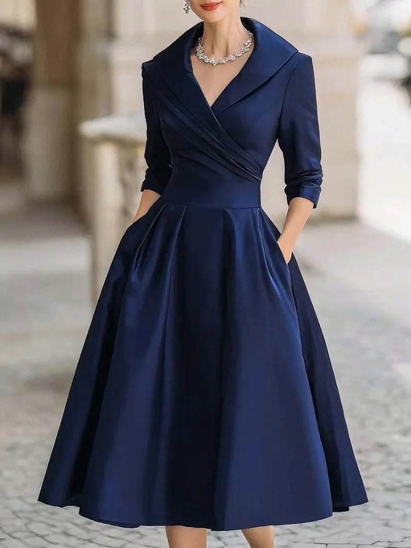 Women's A - Line Dress — Lapel Neckline Cross Pleated Waist - Hudson Harper - Women Midi Dress