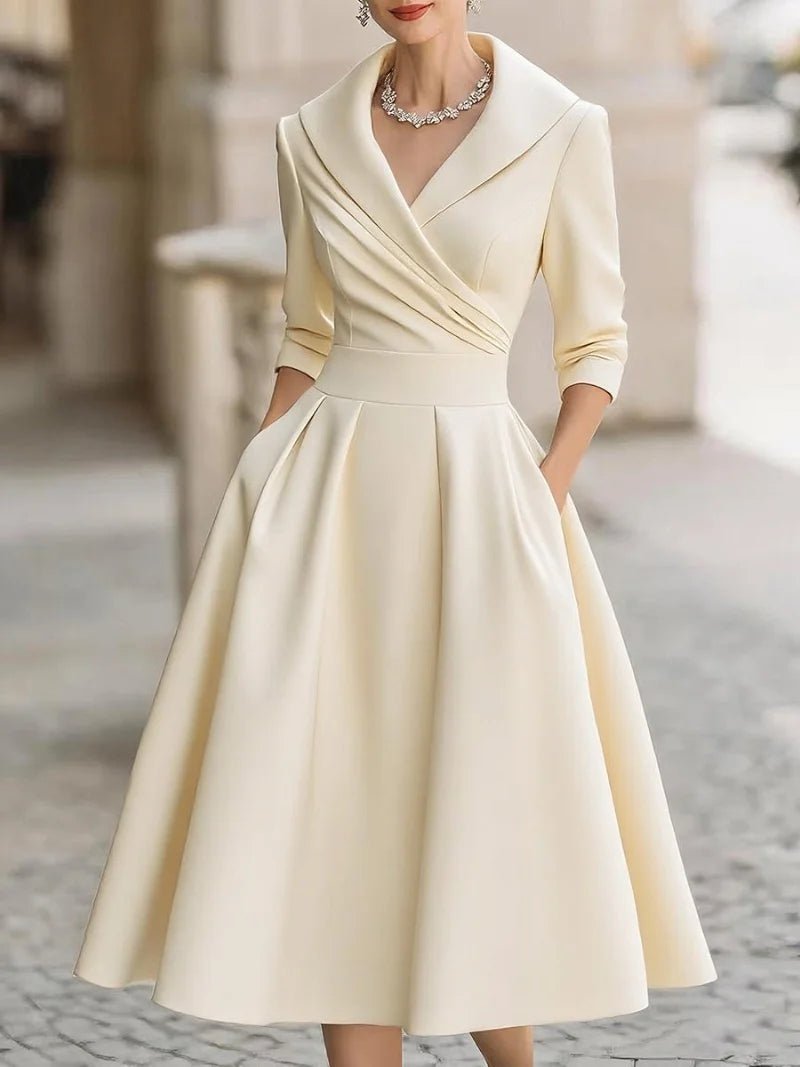Women's A - Line Dress — Lapel Neckline Cross Pleated Waist - Hudson Harper - Women Midi Dress