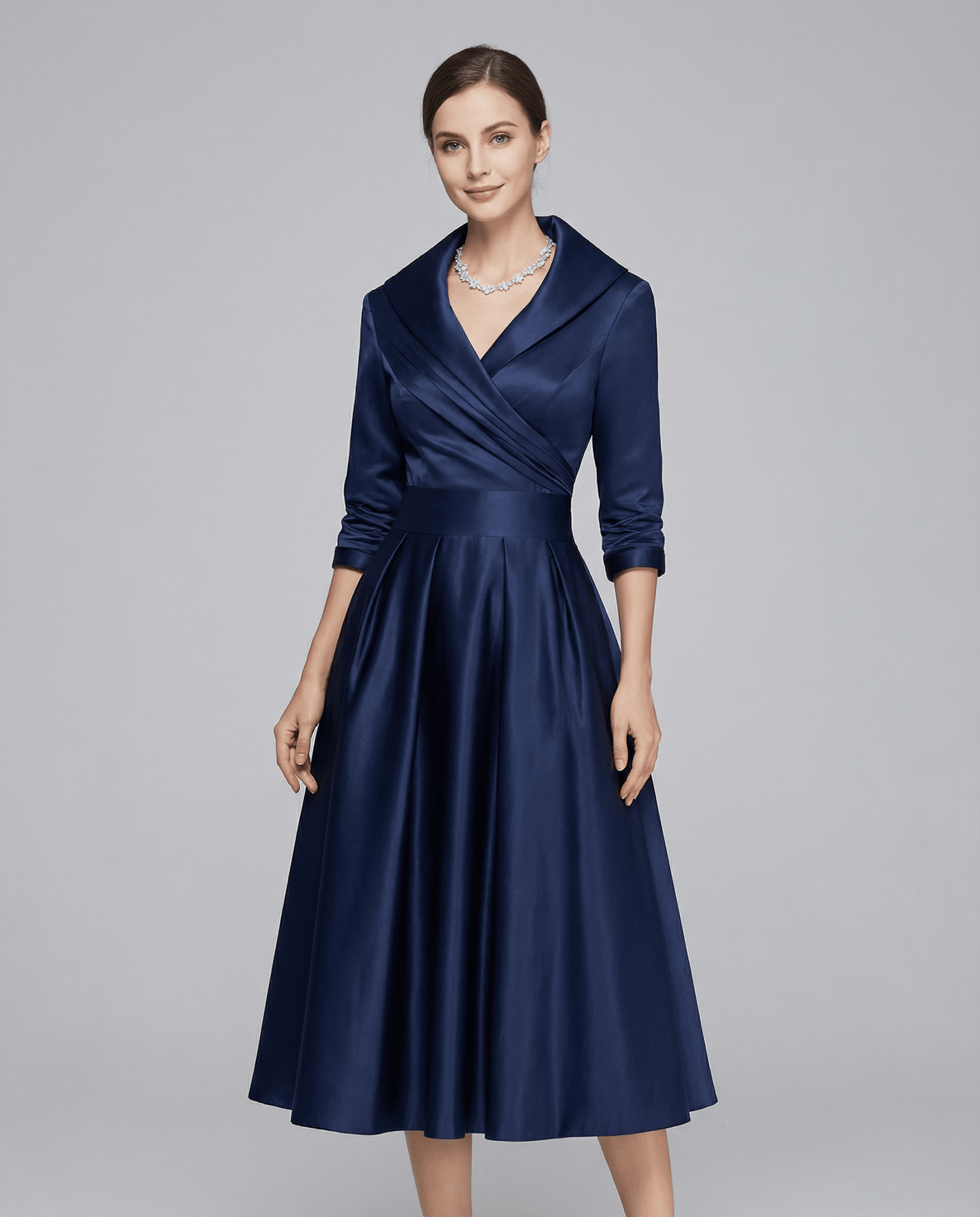 Women's A - Line Dress — Lapel Neckline Cross Pleated Waist - Hudson Harper - Women Midi Dress