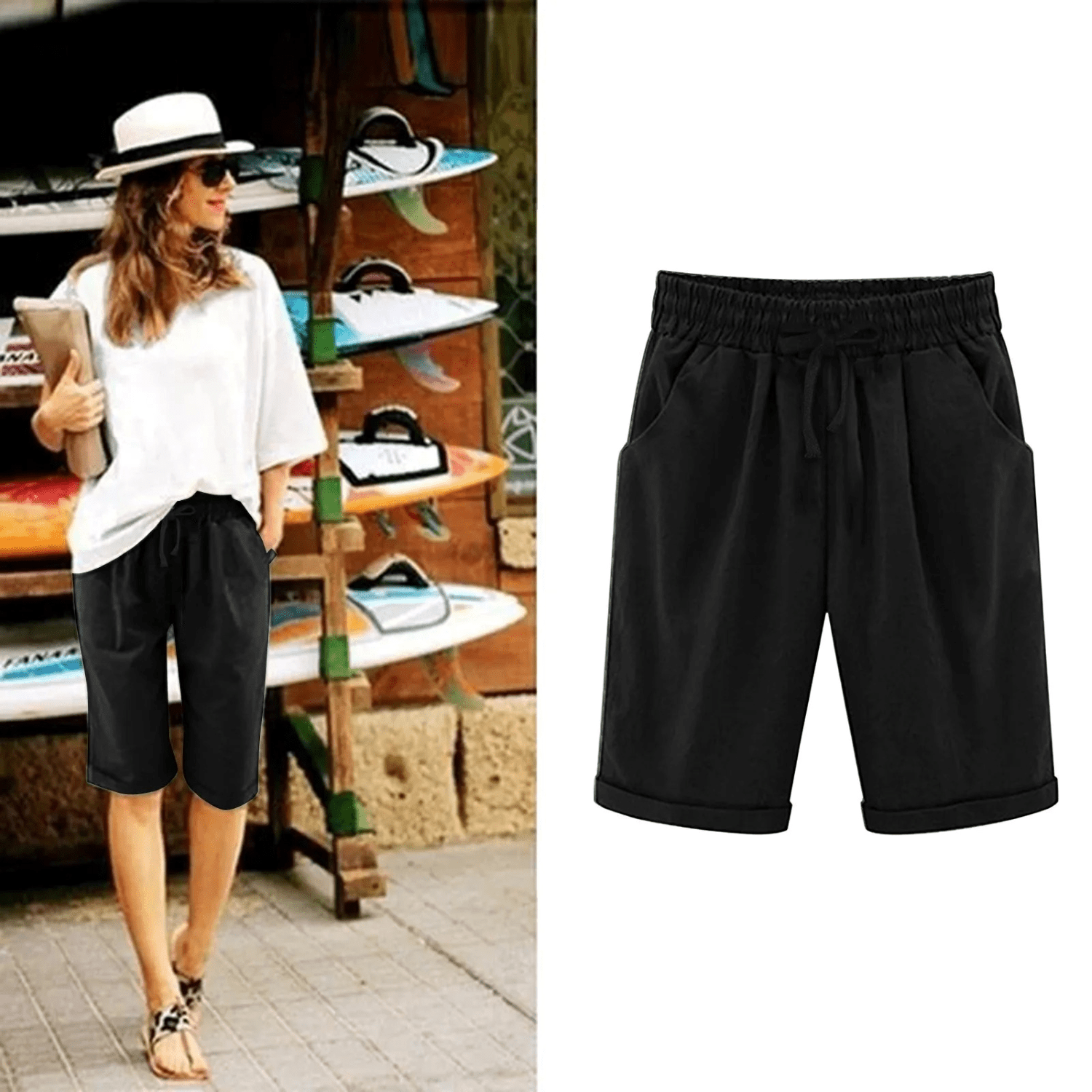 Women's Bermuda Shorts — Drawstring Waist Loose Fit Side Pockets - Hudson Harper - Women Short