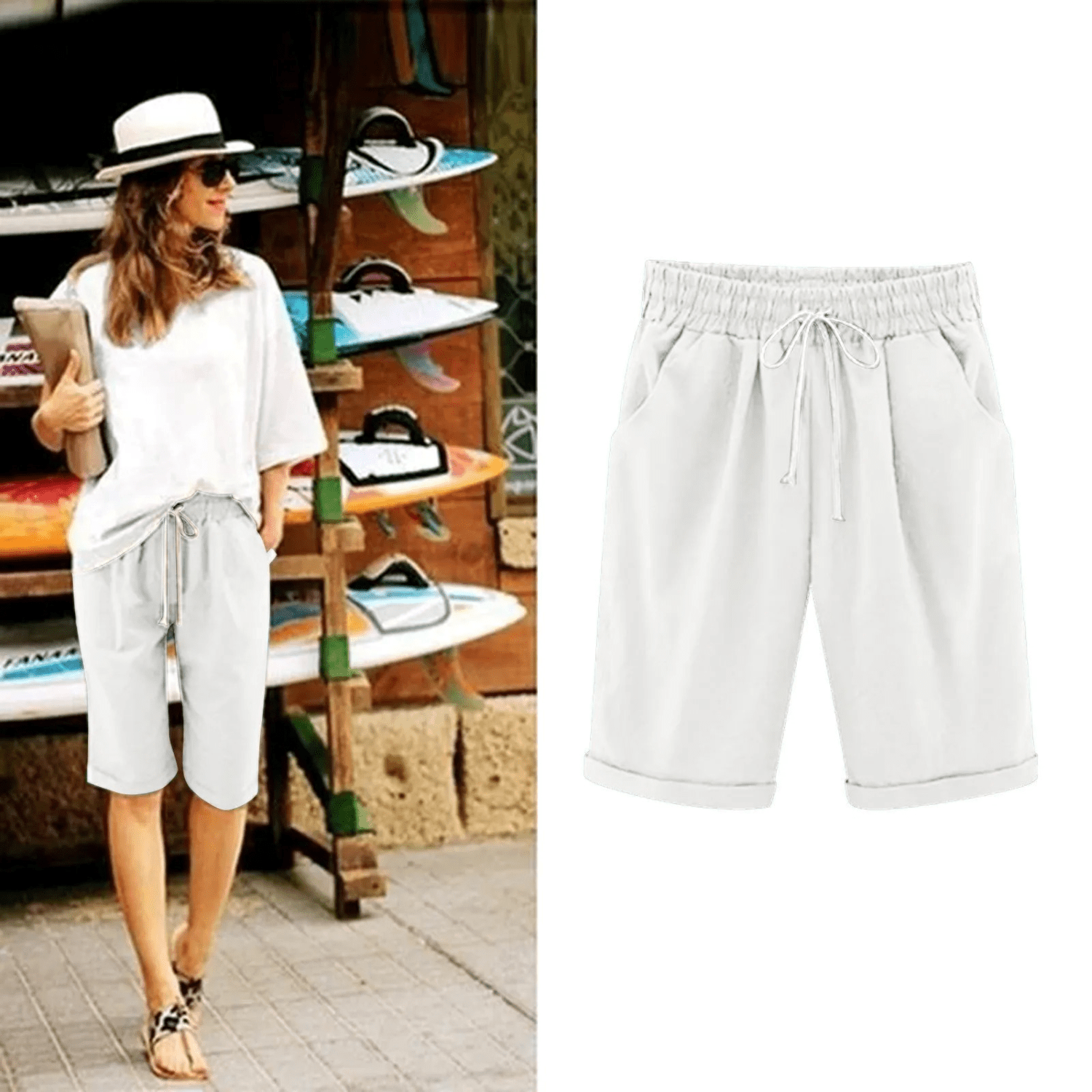 Women's Bermuda Shorts — Drawstring Waist Loose Fit Side Pockets - Hudson Harper - Women Short