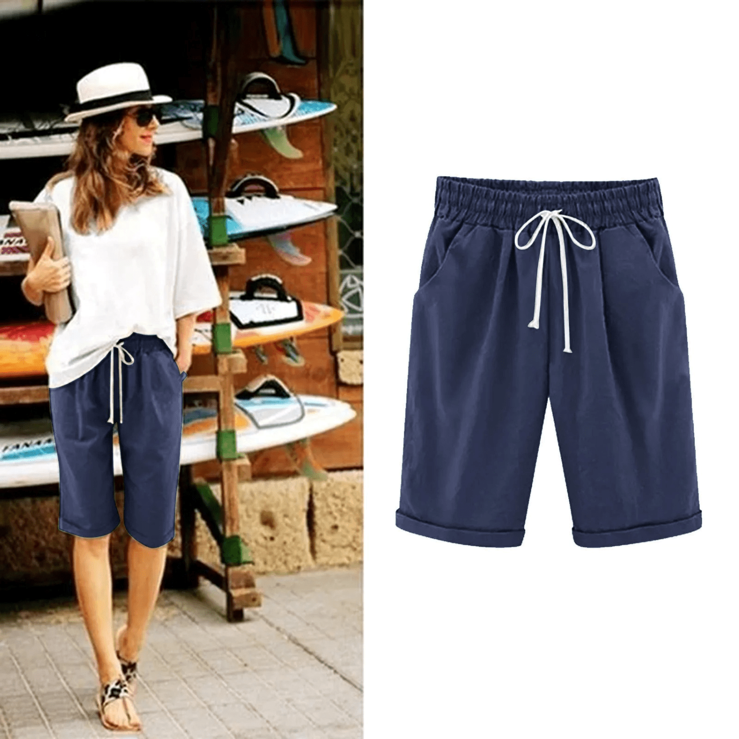 Women's Bermuda Shorts — Drawstring Waist Loose Fit Side Pockets - Hudson Harper - Women Short