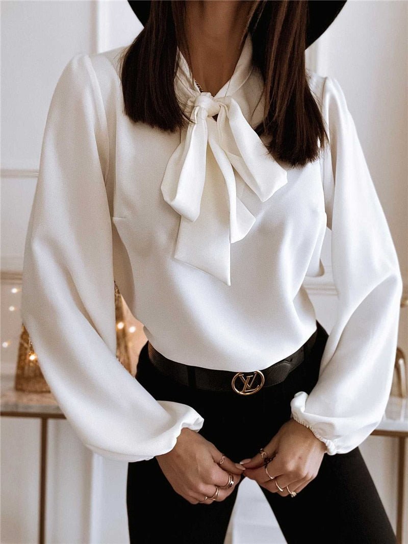 Women's Blouse — Fitted Long Sleeve Bow Neckline Ruched Cuffs - Hudson Harper - Women Blouse